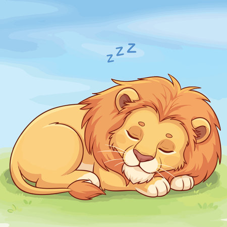 Adorable cartoon lion sleeping deeply in grassy savannah king of jungle resting peacefully under bright blue sky cute vector animal artのイラスト素材