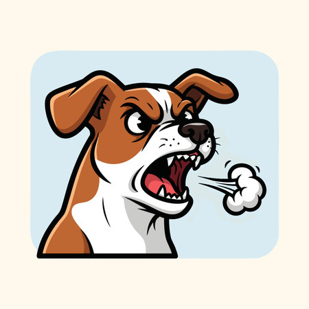 Furious cartoon dog mascot head screaming illustration. Mad animal portrait vector. Cute pet acting aggressively showing emotion.のイラスト素材