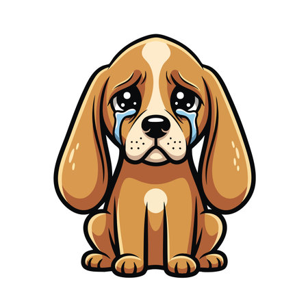Sad puppy dog beagle sitting alone crying tears big eyes. Cute cartoon character with a mournful expression lonely feelings.のイラスト素材
