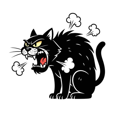 Angry black cat mascot illustration with glowing yellow eyes aggressive feline hissing steaming mad cartoon graphic design vectorのイラスト素材