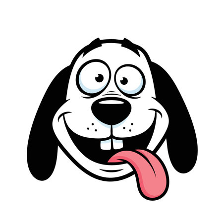 Cute cartoon dog head illustration features goofy smiling canine. Happy black and white pet character with big eyes, buck teeth, and tongue sticking out.のイラスト素材