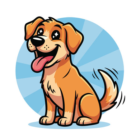 Cute cartoon illustration features happy sitting puppy with big smile. Adorable golden retriever dog mascot artwork. Cheerful animal character.のイラスト素材