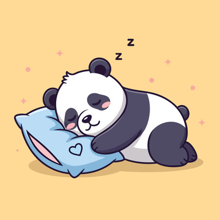 Adorable panda cub resting deeply in bed. Sweet animal character taking a nap on cozy cushion. Tired pet having sweet dreams.のイラスト素材