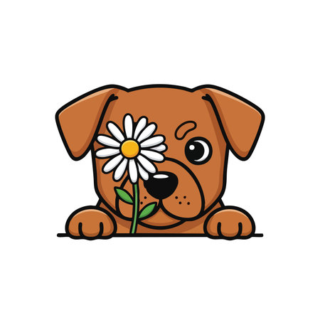 Adorable cartoon dog holding white daisy flower in mouth. Sweet puppy character peeking over border perfect for simple illustration.のイラスト素材