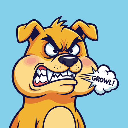 Furious puppy face snarling baring sharp teeth aggressive animal behavior emblem. Mad dog mascot portrait expressing intense anger and danger.のイラスト素材