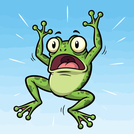 Terrified green frog cartoon character floating in air with hands up in fear. Screaming amphibian vector illustration showing panic and anxiety.のイラスト素材