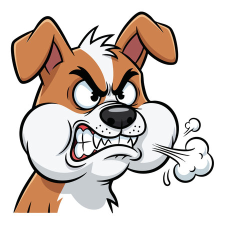 Close up of mad dog face vector illustration. Furious canine avatar blowing smoke. Animal character showing teeth rage.のイラスト素材