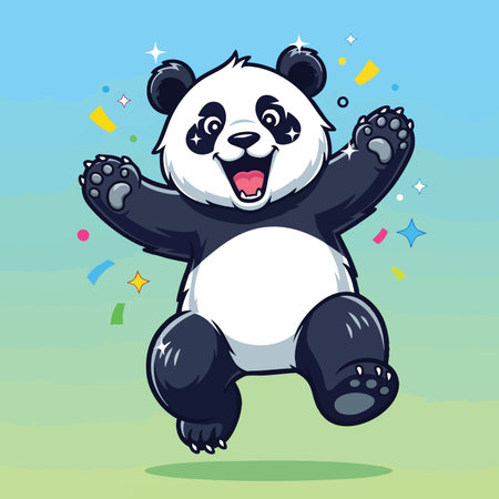 Joyful panda bear jumping high in air. Happy winner celebrating great achievement success. Cute animal mascot fun.のイラスト素材