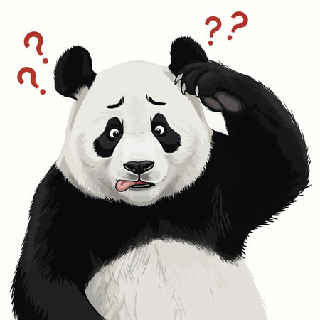 Big panda feeling confused facing tough decision problem. Question marks expressing uncertainty dilemma. Trouble thinking.のイラスト素材