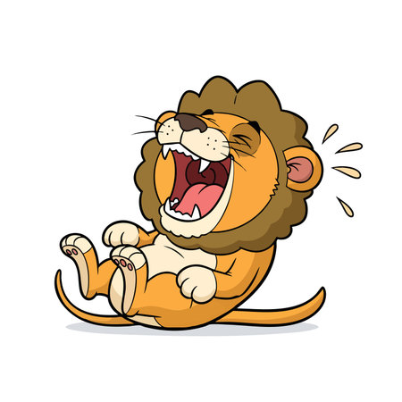 Hilarious lion cub laughing out loud. Cute animal character having great fun. Joyful baby lion enjoying humor joke.のイラスト素材