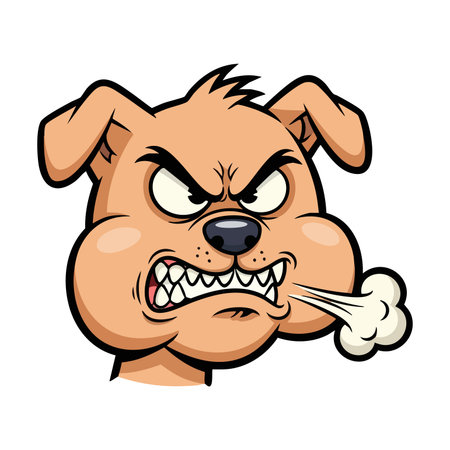 Very angry cartoon dog head snorting steam from nostrils showing teeth. Furious pet mascot character expressing aggression and rage.のイラスト素材