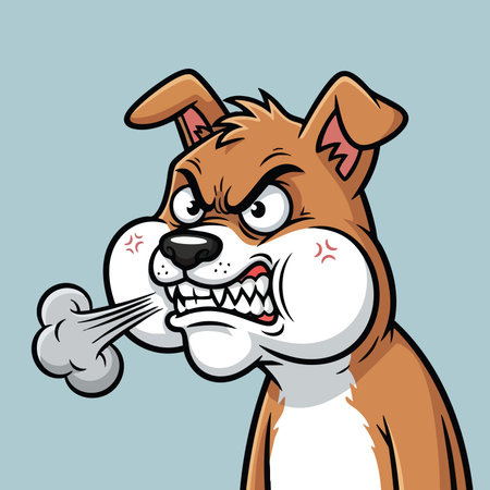 Extremely irritated canine portrait illustration. Brown puppy character mad temper tantrum vector. Dog mascot furious steam blowing.のイラスト素材