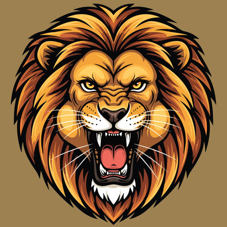 Roaring lion head mascot cartoon fierce predator. Powerful wild animal king jungle growling with open mouth big mane.のイラスト素材