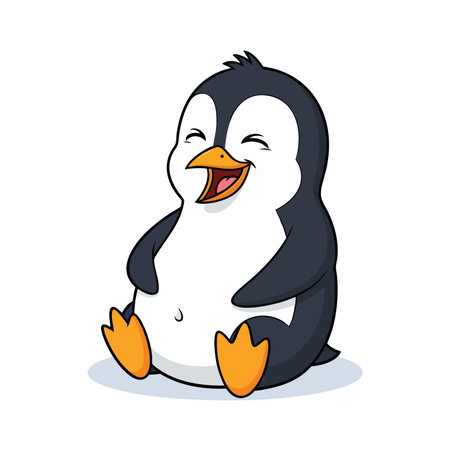 Cheerful baby penguin sitting down with wide open beak laughing. Cute flightless bird cartoon depicting joy and positivity.のイラスト素材