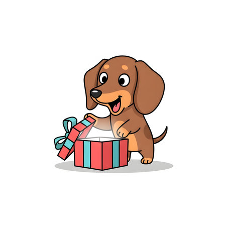 Adorable dog opens surprise present. Happy pet is excited about birthday gift. Cute hound peeks inside brightly wrapped box.の素材