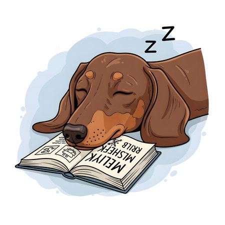 Exhausted dachshund puppy asleep on textbook. Education concept funny puppy studying hard reading knowledge. Adorable dog napping.の素材