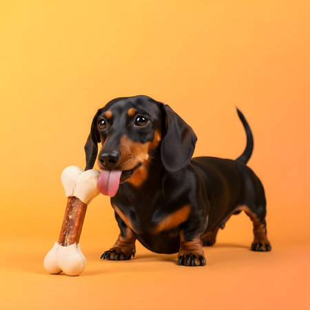 Cute happy dog enjoying massive chew toy. Funny purebred dachshund holding big bone studio shot. Adorable pet food concept.の素材
