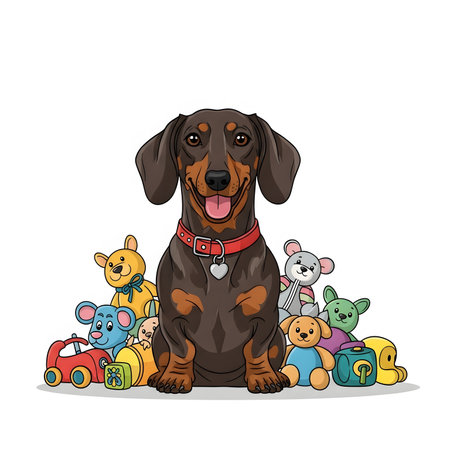 Cheerful wiener dog illustration surrounded by favorite toys. Cute brown and black hound enjoying playtime. Happy pet portrait.の素材