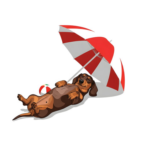 Miniature sausage dog enjoying beach vacation. Adorable puppy lying under umbrella relaxing sunbathing summer travel leisure activity.の素材