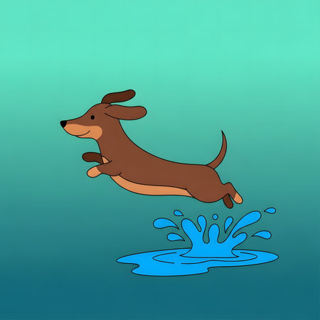 Minimalist drawing of dachshund leaping across puddle. Cute dog illustration making blue water splash. Simple mascot design.の素材