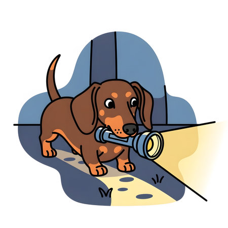 Funny puppy holding torch searching mysterious dark room. Weiner dog exploring indoor space using bright beam light source. Cute simple illustration pet adventure.の素材