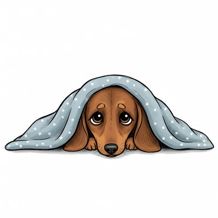 Little sausage dog hides under comforter feeling low. Depressed pet hound looks lonely with sad eyes. Quiet comfort time.の素材