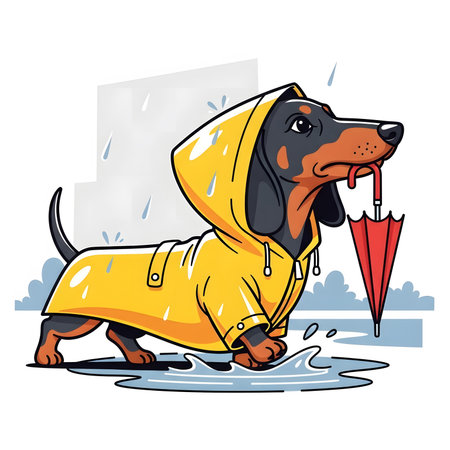 Stylish wiener dog puppy ready for wet weather walk. Cute hound in bright yellow coat standing in rain puddle. Rainy day pet.の素材