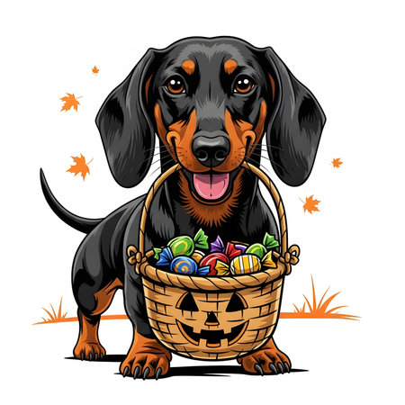 Black and tan weiner dog carries holiday candy pail. Cute hound celebrates October tradition holding treats basket.の素材