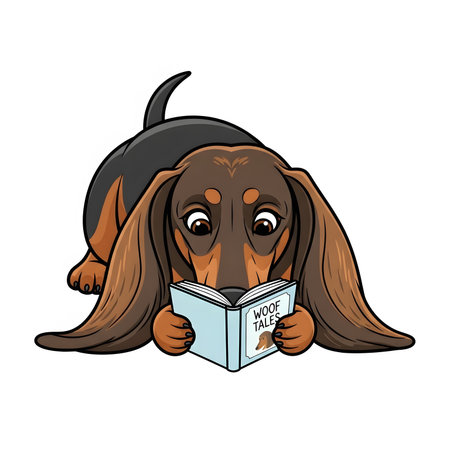 Adorable wiener dog with very long ears captivated by reading small book. Humoristic pet studying literary work. Bookworm puppy.の素材