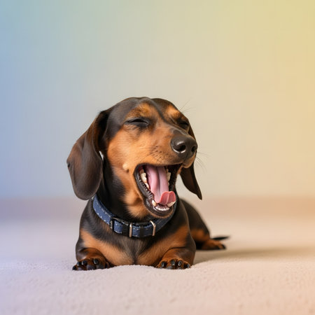 Exhausted puppy yawning on blanket showing pink tongue. Adorable dog portrait feeling sleepy tired and relaxed indoors.の素材