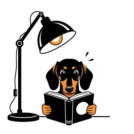 Clever weiner dog studying late night under spotlight illumination. Cute puppy mascot reading textbook black and orange outline drawing.の素材