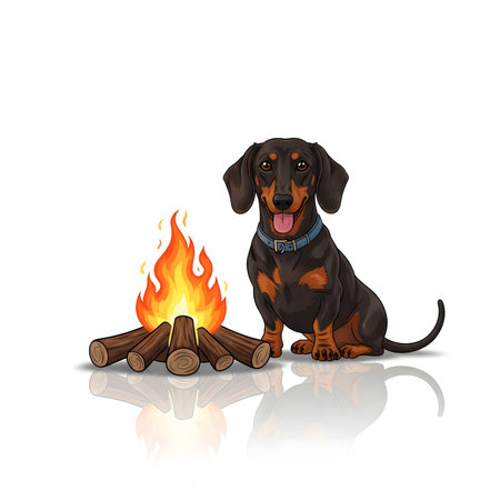 Smiling short haired weiner dog enjoying warmth of wood burning fire. Cute puppy companion sitting near logs reflecting on white surface.の素材