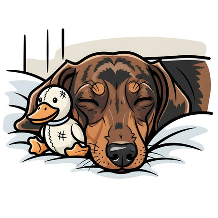 Close up of contented weiner dog puppy resting indoors. Sweet pet dreaming next to favorite plush stuffed squeaky toy. Detailed illustration bedtime comfort.の素材
