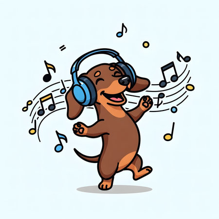 Adorable dog enjoys listening to sound. Happy pet bops to rhythm wearing headset. Cute hound dances surrounded by audio symbols.の素材