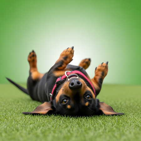 Cute small dog portrait puppy playtime dachshund rolling over outside happy brown hound funny animal moment pure joyの素材