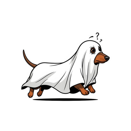 Dachshund dog puppy wearing ghost costume Walking puppy covered with sheet Halloween funny costume Trick or treat petの素材