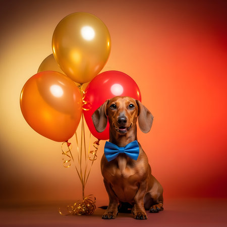 Dressed up weiner dog celebrating milestone occasion. Cute animal portrait wearing formal accessory posing near floating golden objects.の素材