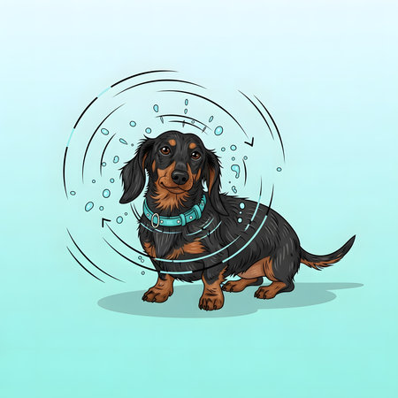 Adorable dachshund puppy sitting proudly. Dog wearing bright blue collar. Stylized design featuring abstract bubbles circles.の素材