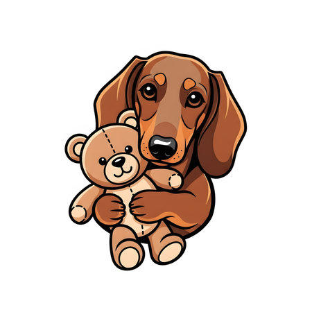Adorable puppy holding stuffed animal close. Sweet illustration purebred dachshund hugging small toy comfort friendship loyalty love.の素材