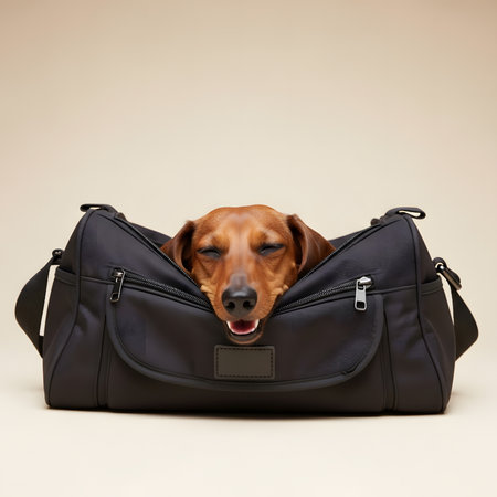 Happy dachshund dog resting inside black duffel bag with eyes closed. Funny travel companion enjoying cozy journey transportation.の素材