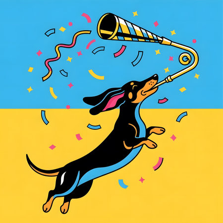 Dachshund dog enjoys celebration. Happy hound uses noisemaker during festive event. Cute pet blows horn releasing colorful confetti.の素材
