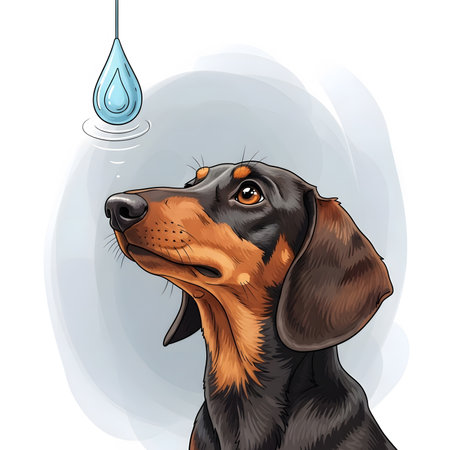 Detailed portrait of pet dog observing drop falling close up. Weiner dog staring intently at liquid symbol thirst or hydration. Detailed drawing animal art.の素材