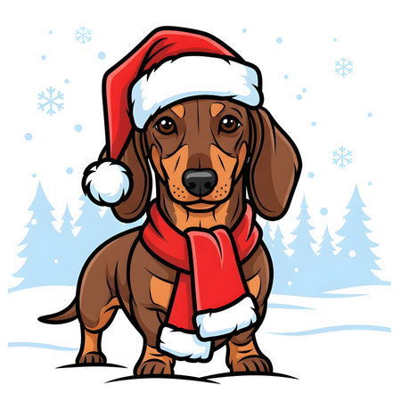 Dachshund puppy dressed in warm winter gear. Wiener dog portrait against snow background and pine trees. Holiday season pet outfit.の素材