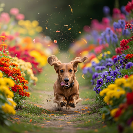 Happy dachshund running fast across path. Wiener dog sprinting through vibrant spring summer flowers. Action shot pet portrait.の素材
