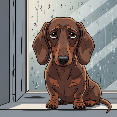 Depressed dachshund puppy sitting indoors on windowsill during rainy day. Cute dog watching water drops falling outside unhappy.の素材