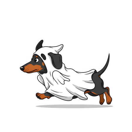 Cute Halloween illustration wiener dog wearing ghost outfit. Puppy trotting in funny sheet costume. Isolated cartoon design.の素材