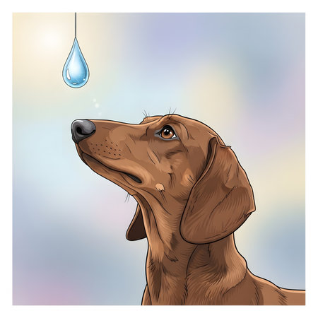 Cute pet dog observing drop falling close up. Weiner dog portrait staring at liquid symbol thirst or hydration. Detailed drawing animal art.の素材