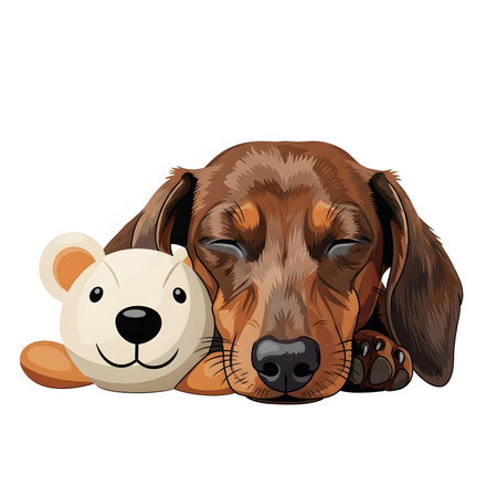 Peaceful dachshund dog sleeping soundly with stuffed animal toy. Adorable puppy resting on white background illustration.の素材