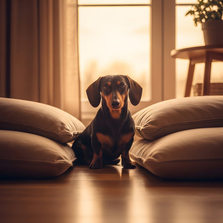 Portrait purebred dachshund dog indoors at home. Cozy pet sits between large pillows near sunlit window. Peaceful domestic animal photo shot.の素材