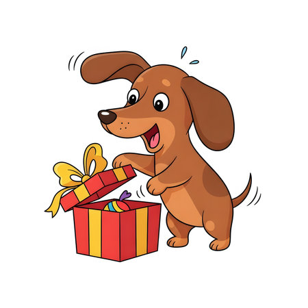 Happy dog opens surprise present box. Adorable dachshund puppy excited about new toy inside gift. Funny cartoon pet illustration design.の素材